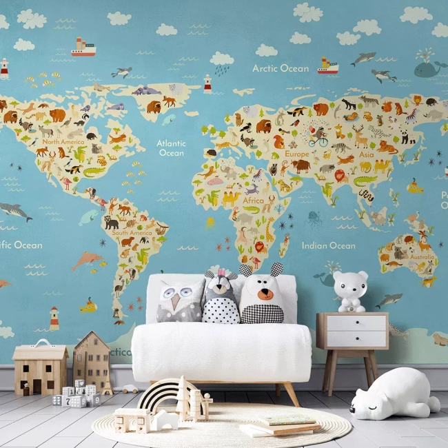 Kolorowa fototapeta edukacyjna przedstawiająca mapę świata z zwierzętami - RAD9112010